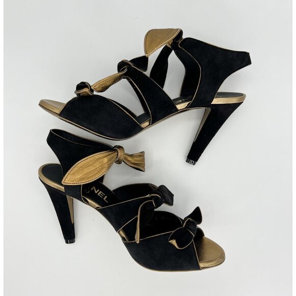 NWOT CHANEL Black Bow Cross Strap CC Logo Block Heel Sandals Size EU 38.5 - Picture 10 of 15